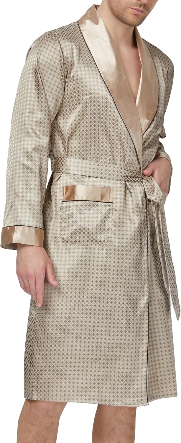 Herren Satin Bademantel, Leichter Seiden Langarm Bademantel mit Shorts Set, Spa Kimono Nachtwäsche M