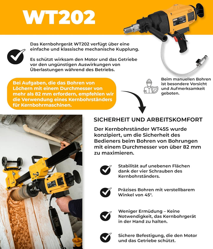 WABROTECH® Kernbohrgerät Handgeführt ⌀22–202 mm an Kernbohrständer und Wasserzuführgerät 11 L - Diam