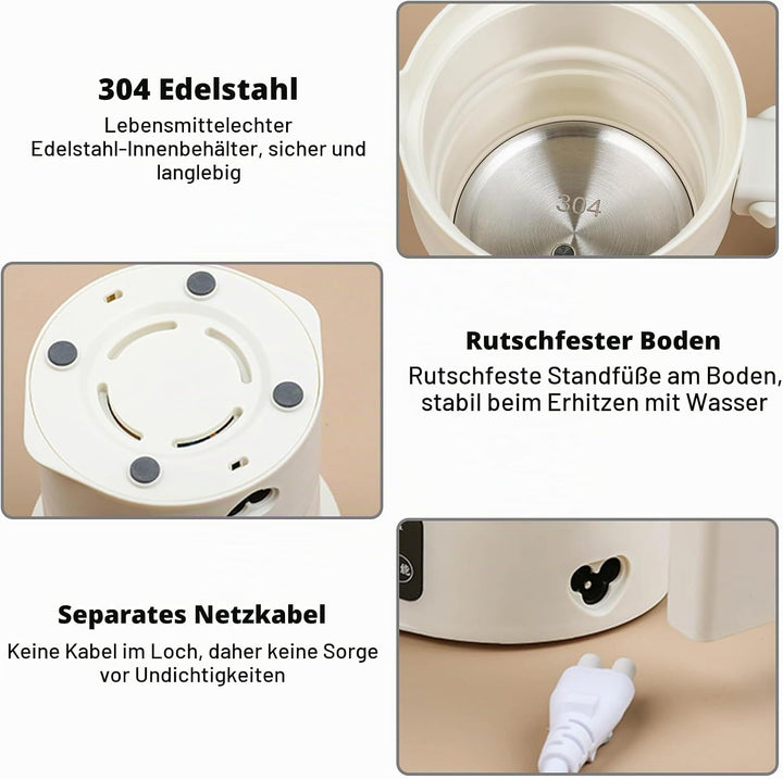Faltbarer Wasserkocher 600ml, Tragbarer Reisewasserkocher Klein, Wasserkocher Camping mit 9 Temperat