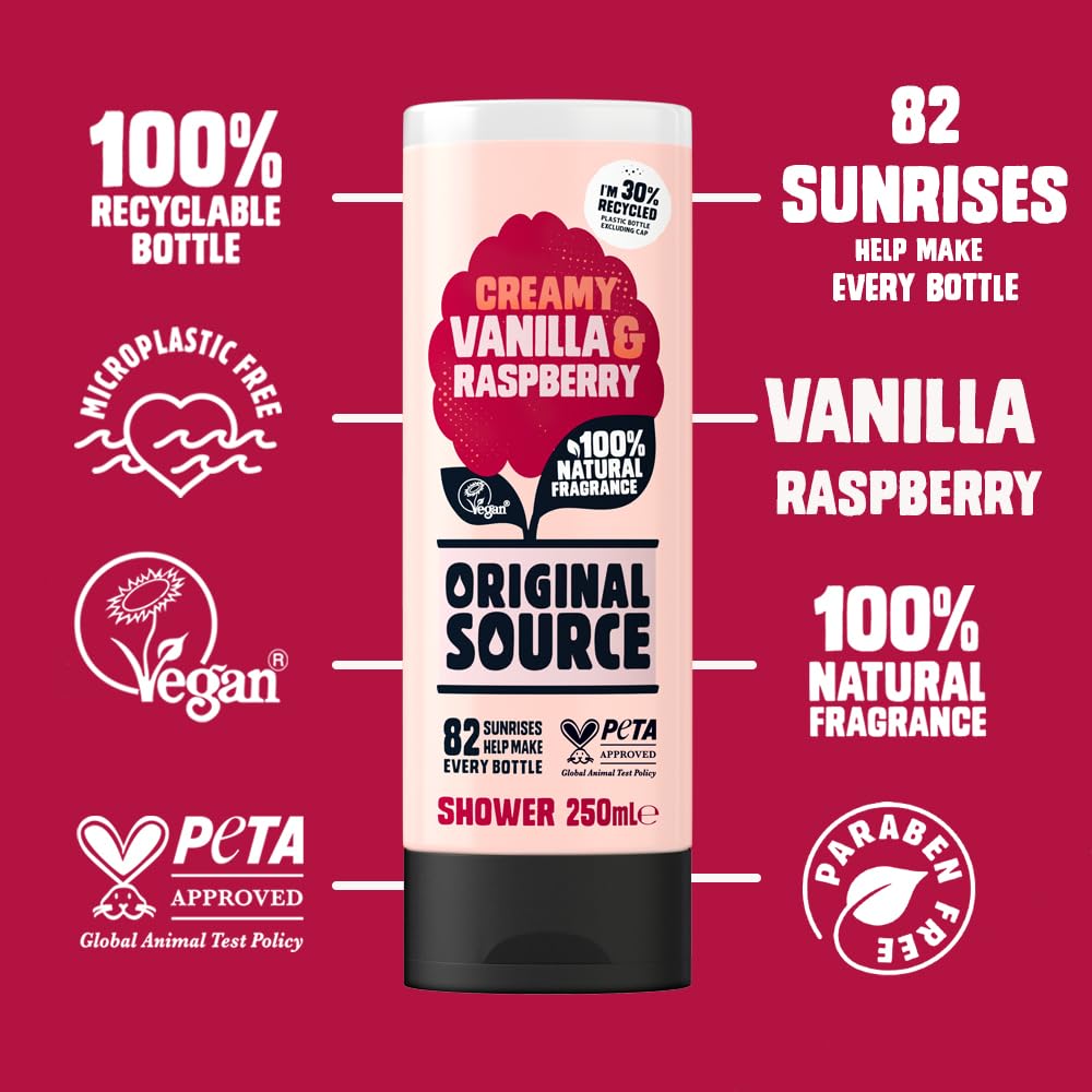 Original Source Duschgel Vanille &amp; Himbeere, 250 ml, 6 Stück Vanillemilch und Himbeere, Vanillemilch