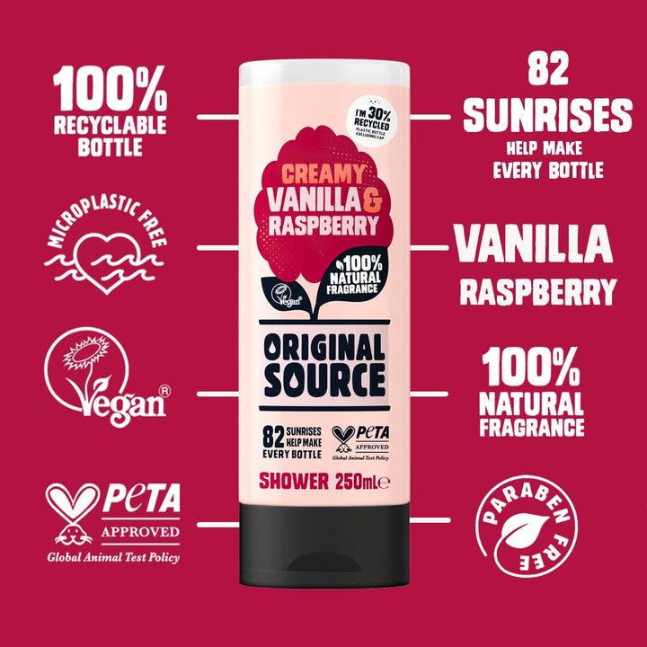 Original Source Duschgel Vanille &amp; Himbeere, 250 ml, 6 Stück Vanillemilch und Himbeere, Vanillemilch