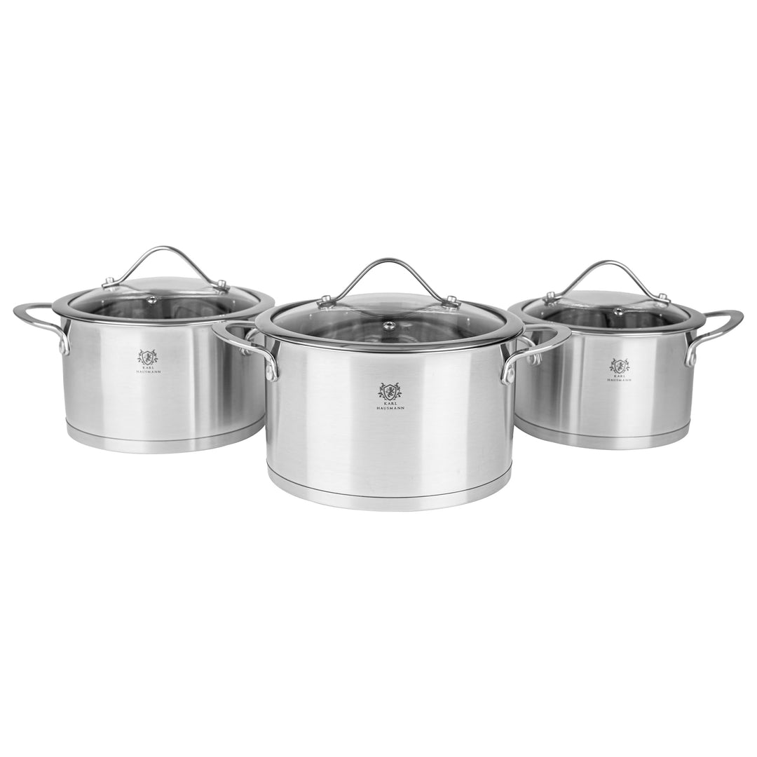 Topfset Induktion 3-teilig, Kochtopf Set mit Glasdeckel, Edelstahl mattiert, Induktions Töpfe Set un