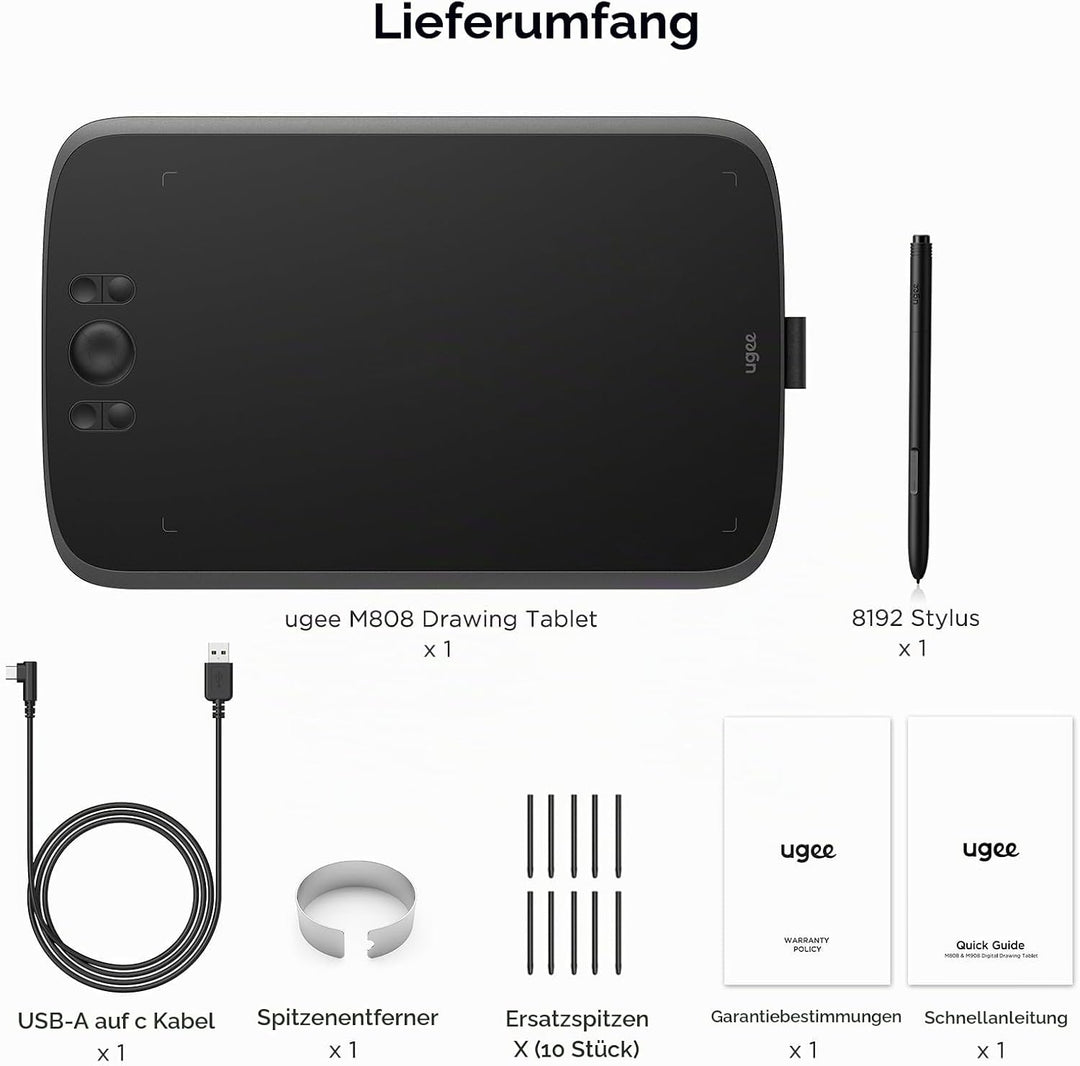 ugee M808 10x6,25 Zoll grosses Grafiktablett für PC,Zeichentablett mit 8 Shortcut-Tasten, batterielo
