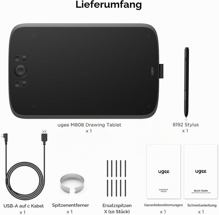 ugee M808 10x6,25 Zoll grosses Grafiktablett für PC,Zeichentablett mit 8 Shortcut-Tasten, batterielo