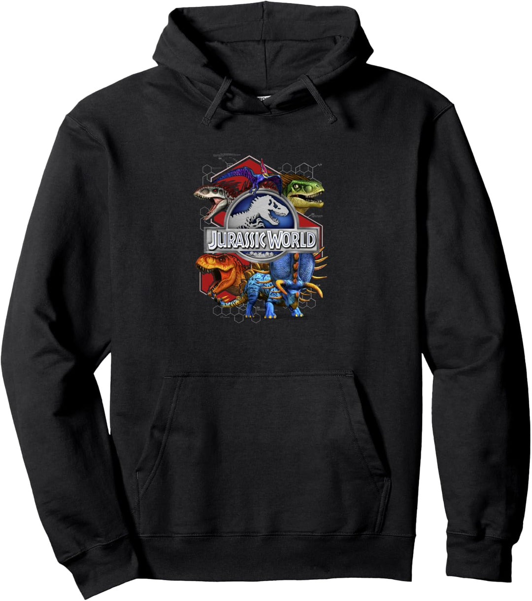 Jurassic World Dinosaurs Colored Hexagons Center Logo Pullover Hoodie