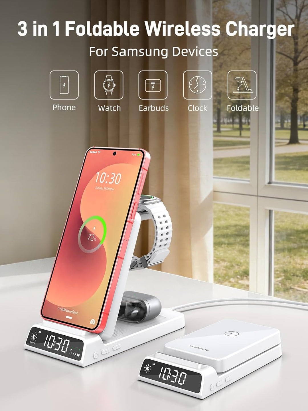 Wireless Charger für Samsung Ladestation 3 in 1 mit Uhr für Samsung Galaxy S26/S25/Z Fold 7/Flip 7/B