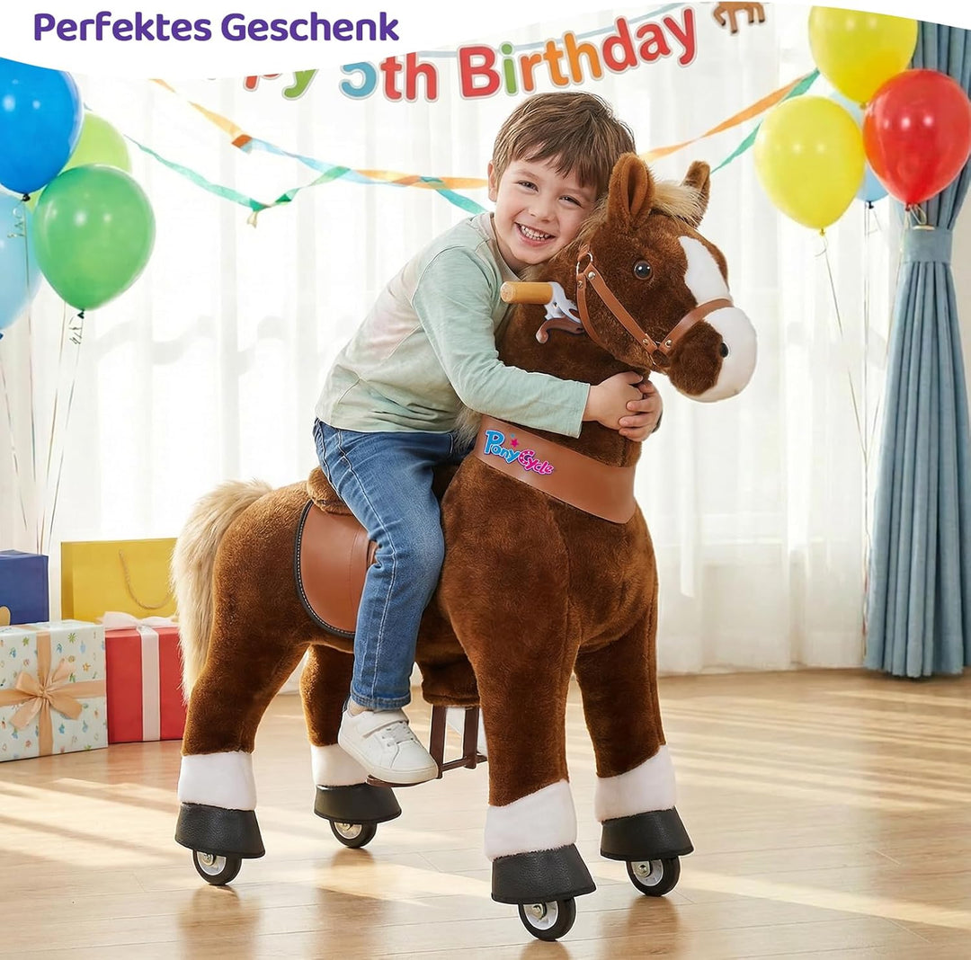 PonyCycle Pferd zum reiten, für Kinder 3–4 Jahre, 76cm Hoch, Reitpferd auf Rollen mit Handbremse und