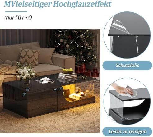 Merax Couchtisch mit LED-Beleuchtung, Doppelschichtige Aufbewahrung, Hochglanz-Oberfläche und gehärt
