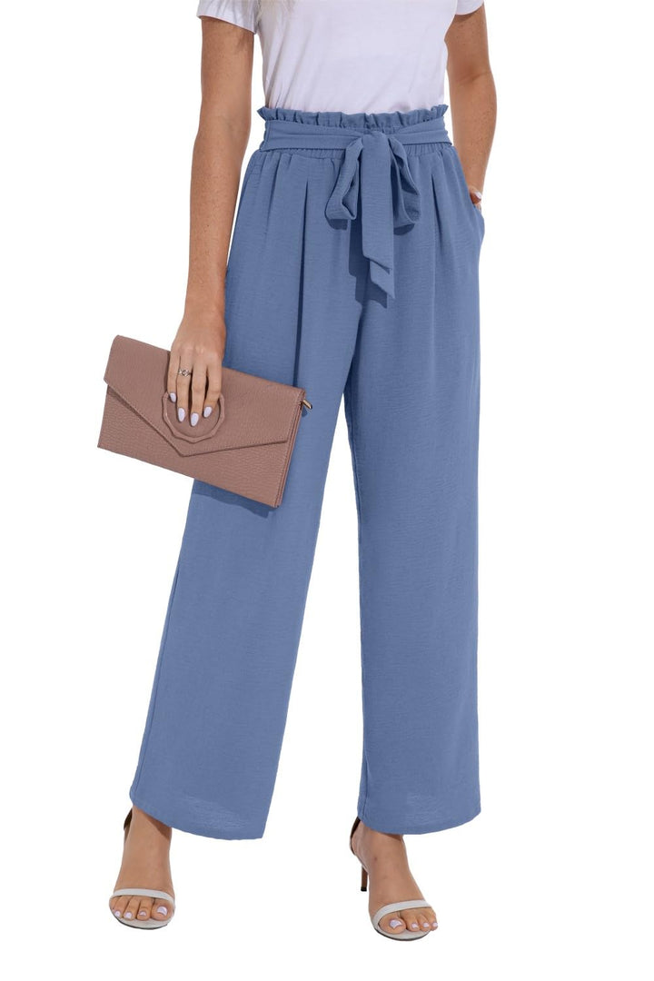PrinStory Damen Hose Mit Weitem Bein Leichte Elastische Taille Sommer Hose Mit Taschen Kausale Arbei