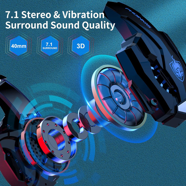 PHOINIKAS Gaming Headset Wireless, Kabellose Kopfhörer, für PS4/PS5/Switch/PC, 2,4GHz-Dongle und 3,5