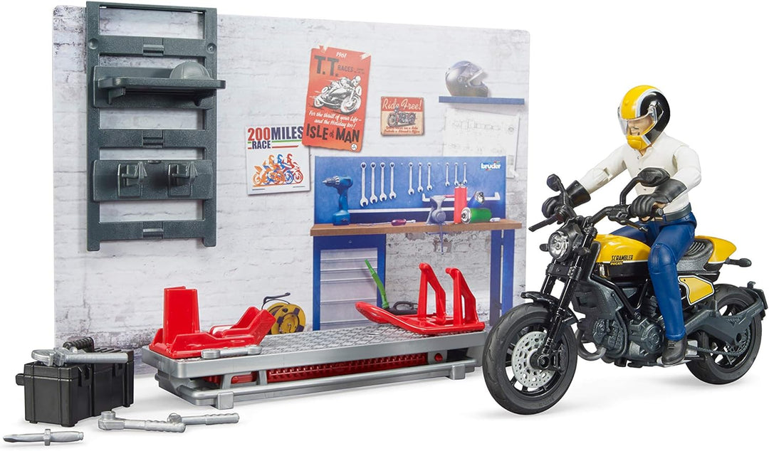 bruder 62102 - Bworld Motorradwerkstatt Scrambler Ducati Full Throttle mit Mechaniker - 1:16 Reparat