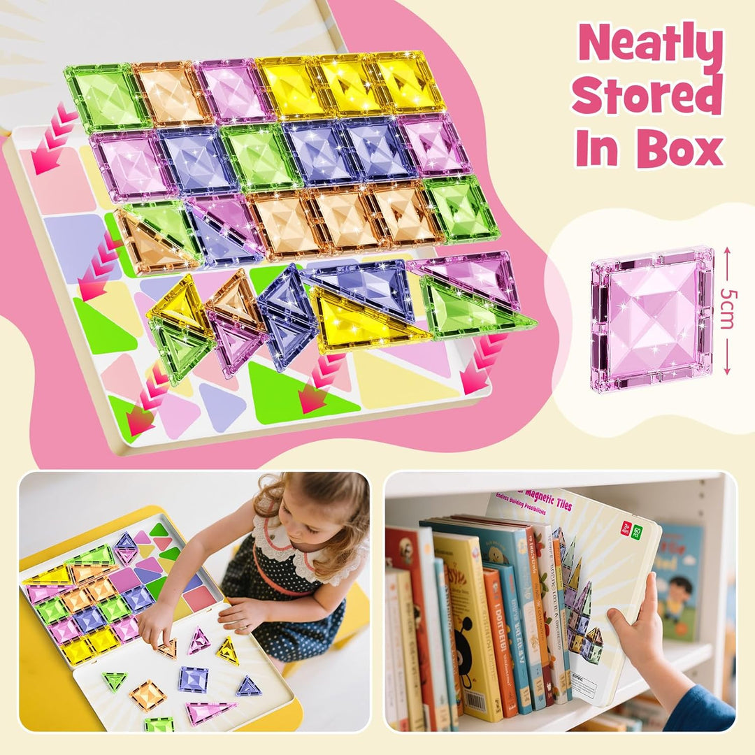 Magnetische Bausteine, 60 Teile Magnetspielzeug Tiles Magnetbausteine Kinder mit grossem Eisenkasten
