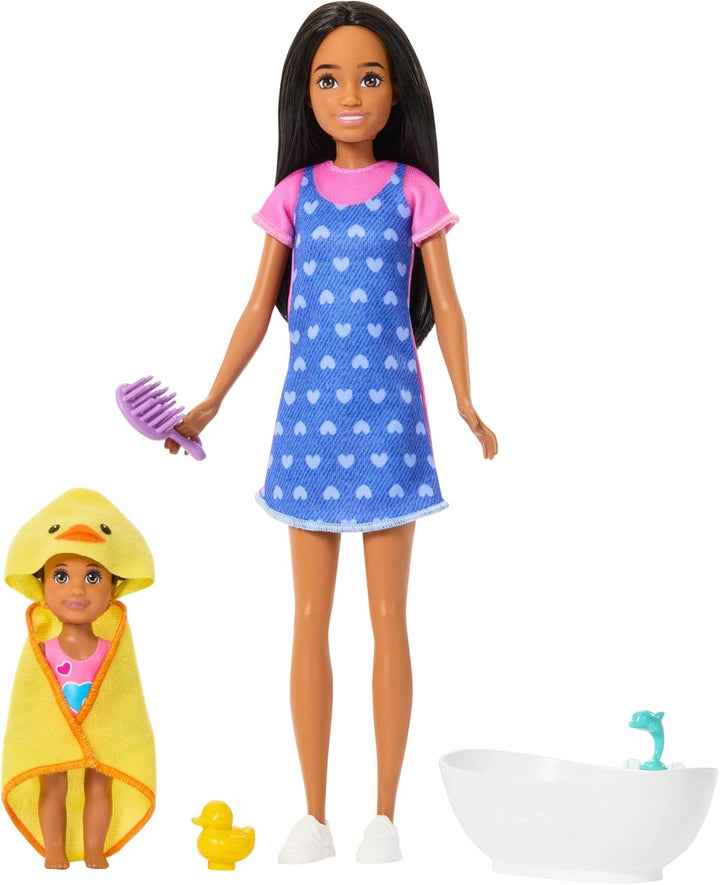 Barbie Skipper Babysitters Inc. Spielset mit brünetter Puppe, brünetter Kleinkind-Puppe, Badewanne u