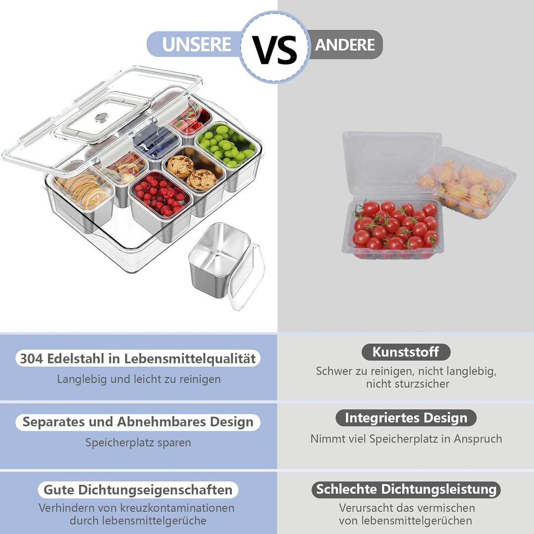 JINDUN Snackbox mit 8 Edelstahl Fächern, 2 Stück Snackteller mit Griff und Einzelnen Deckeln, Verhin