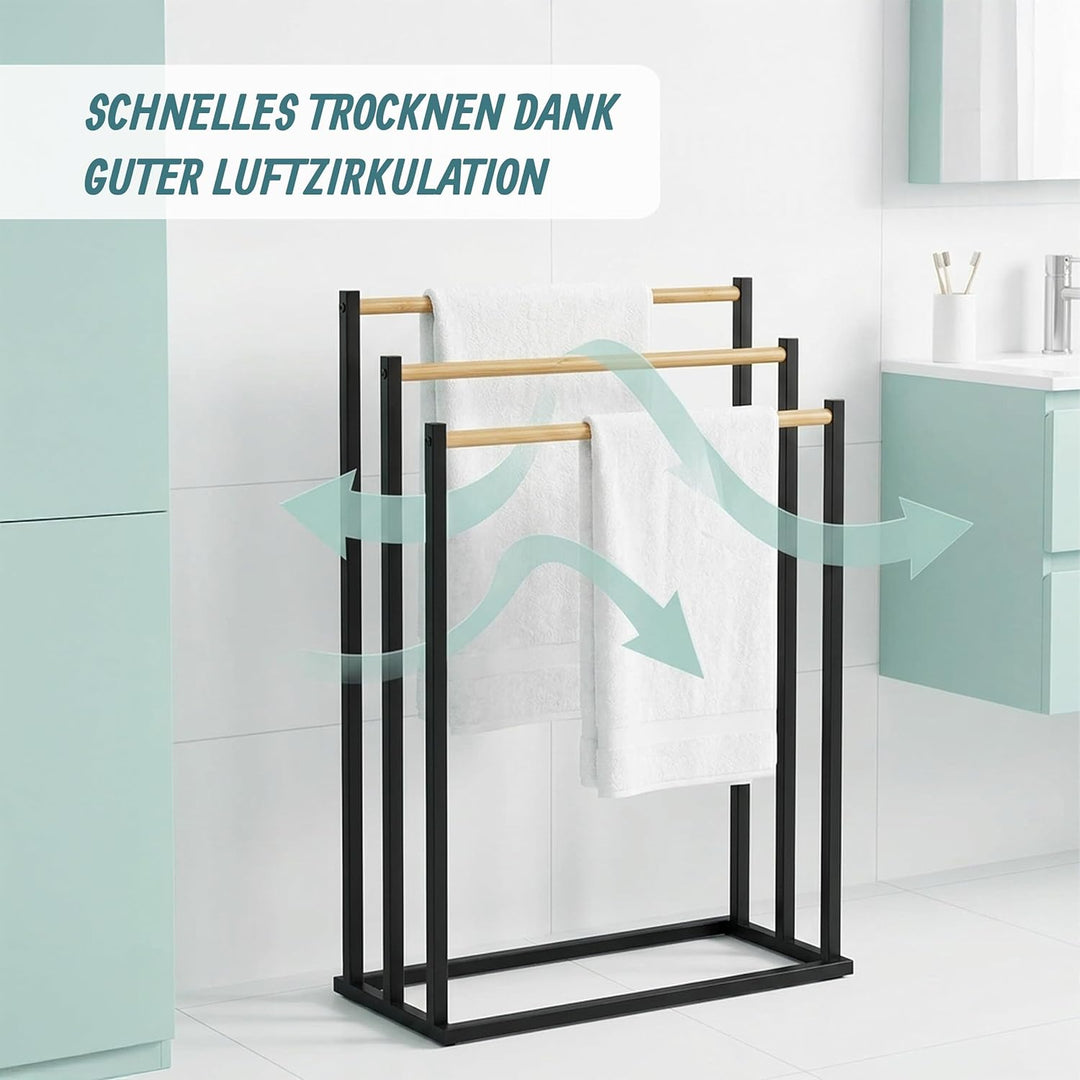 Relaxdays Handtuchständer, HBT: 76 x 45 x 21,5 cm, Metall, 3 Stangen aus Bambus, stehender Handtuchh