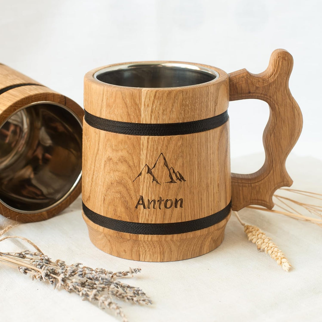 HOFMEISTER® Holz-Bierkrug mit Edelstahleinsatz - 500 ml - personalisierbar mit Name &amp; Motiv - tolle
