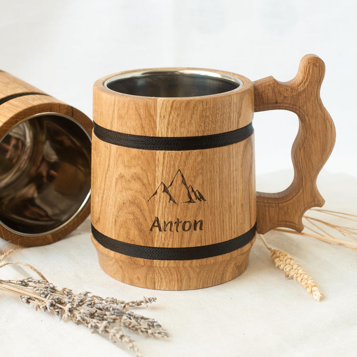 HOFMEISTER® Holz-Bierkrug mit Edelstahleinsatz - 500 ml - personalisierbar mit Name &amp; Motiv - tolle