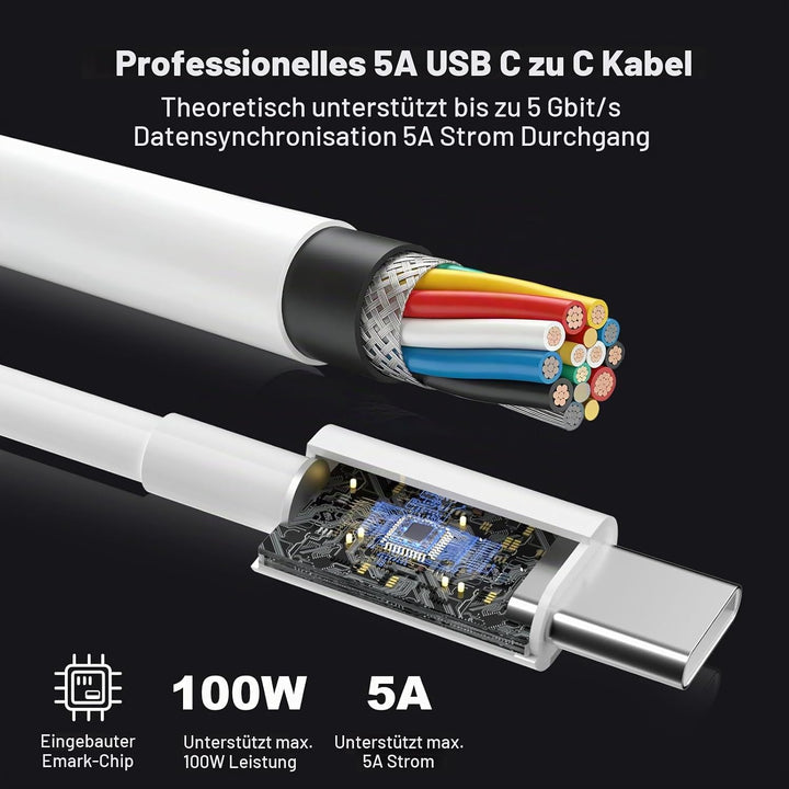 100W USB C Ladegerät, 3-Port GaN Schnellladegerät mit USB C &amp; Lightning Kabel Mehrfach Ladegerät Kom