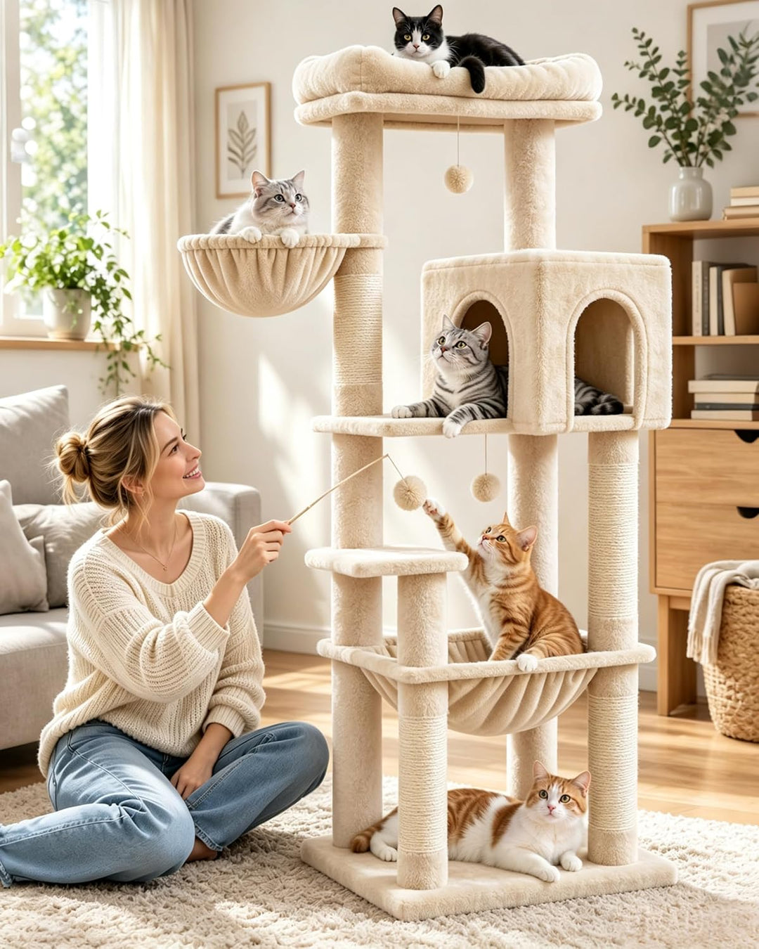 Kratzbaum Gross, XXL Katzenbaum Holz, 148cm Hoch mit Grosse Plattformen, Kratzsäulen, Höhle, Korb, P