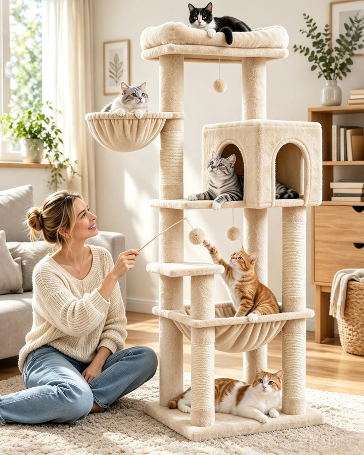 Kratzbaum Gross, XXL Katzenbaum Holz, 148cm Hoch mit Grosse Plattformen, Kratzsäulen, Höhle, Korb, P