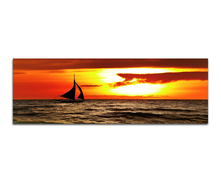 Paul Sinus Art Panoramabild auf Leinwand und Keilrahmen 150x50cm Philippinen Meer Segelboot Sonnenun