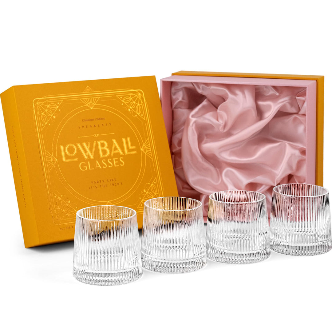 GLASSIQUE CADEAU Vintage Art Deco Speakeasy Gerippte Gin + Rum Rocks Cocktailgläser | 4er Set | 260