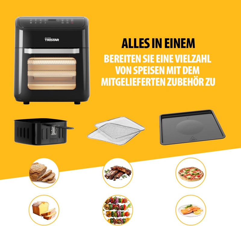 Tristar Mini Backofen & Heissluftfritteuse, 2-in-1-Airfryer, BPA-frei, 12 L, 12 Programme, Sichtfens