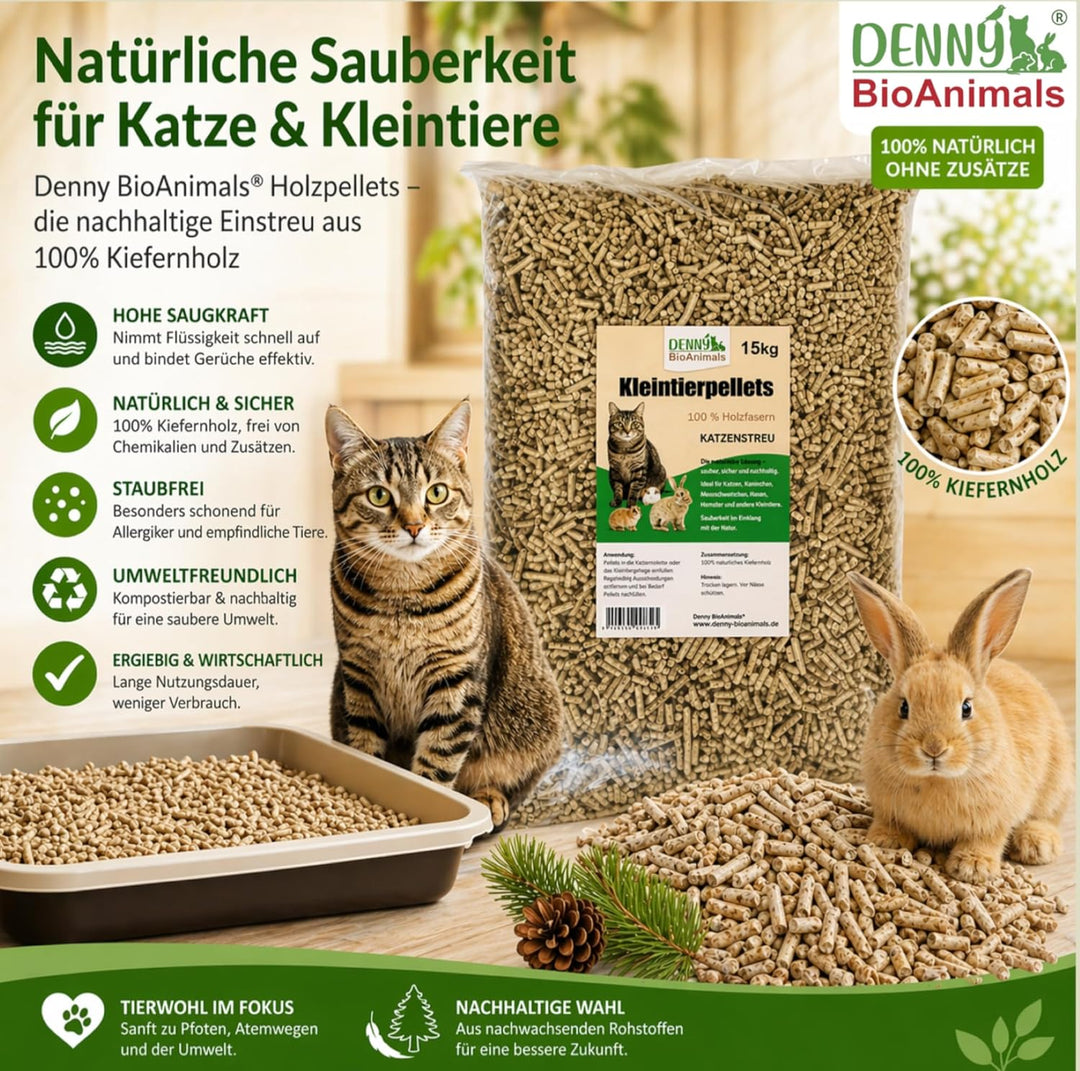 Kleintierstreu, Katzenstreu Holzpellets 15 kg (23 L) – 100% natürliche Einstreu für Katzen, Kaninche