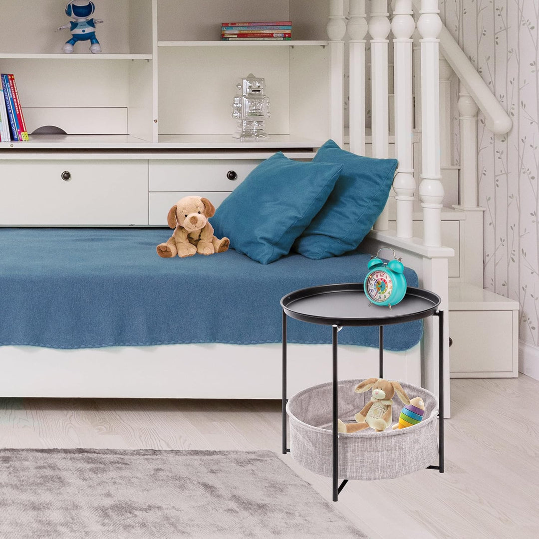 ONVAYA® Beistelltisch Linda rund | Schwarz | Couchtisch mit Korb &amp; Tablett | aus Metall | für Wohnzi
