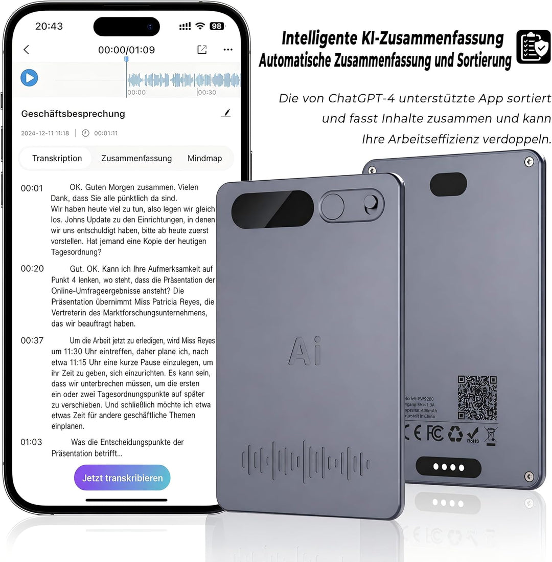 KI Diktiergerät, Diktiergerät Mini 64 GB, Schwarzes Gehäuse | Gestützte Transkription und Zusammenfa