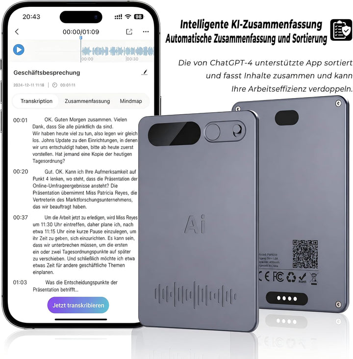 KI Diktiergerät, Diktiergerät Mini 64 GB, Schwarzes Gehäuse | Gestützte Transkription und Zusammenfa