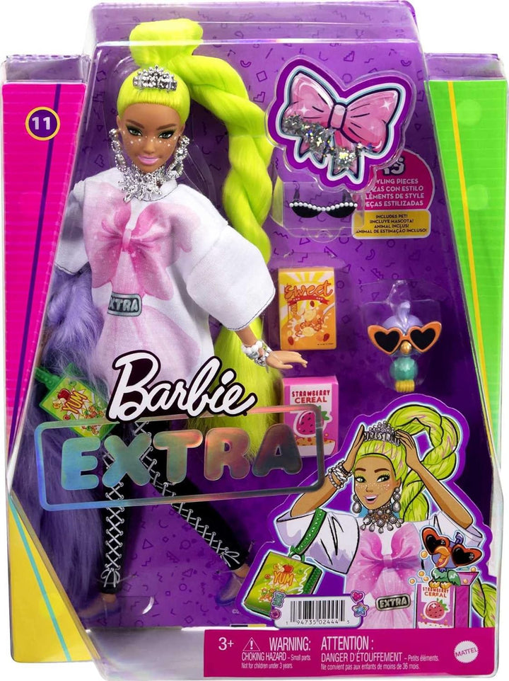 Barbie HDJ44 - Extra Puppe #11 in übergrossem T-Shirt & Leggings mit Haustier Papagei, extra langes