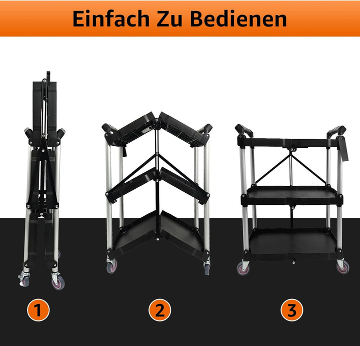 Servierwagen mit Rollen, Klappbar, 62 x 40 x 84cm, Bis zu 75 kg Belastbar, Dreistufiges Faltregal mi
