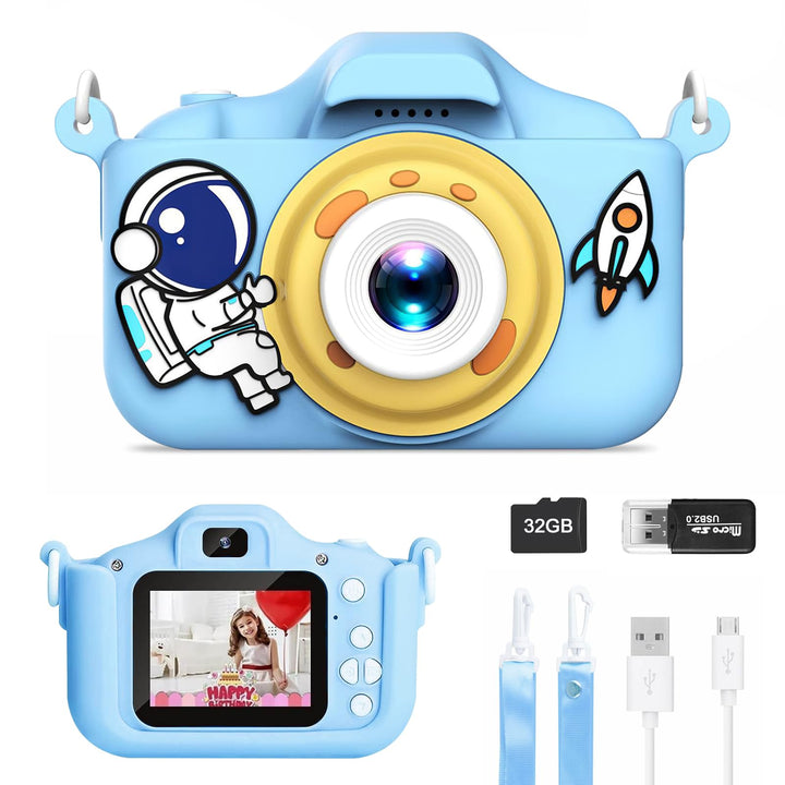 1080P HD Kinderkamera Digitalkamera für Jungen Mädchen, 2" Bildschirm, Wiederaufladbar mit 32GB SD K