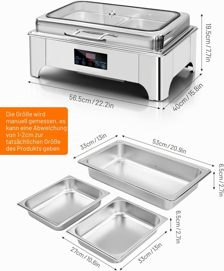 Chafing Dish Elektrisch, 9L Professioneller Speisenwärmer, Buffetwärmer mit Touchscreen Temperaturre