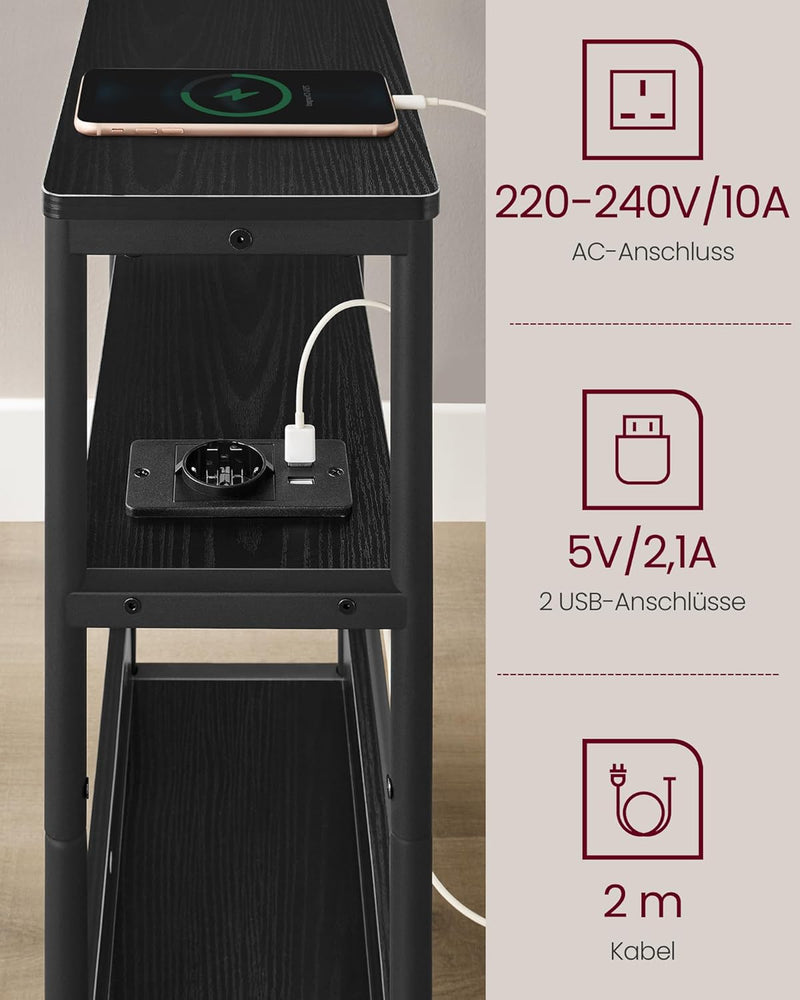 VASAGLE Beistelltisch schmal, Nachttisch mit Ladefunktion, Couchtisch klein, 3 Ablagen, Zeitschrifte