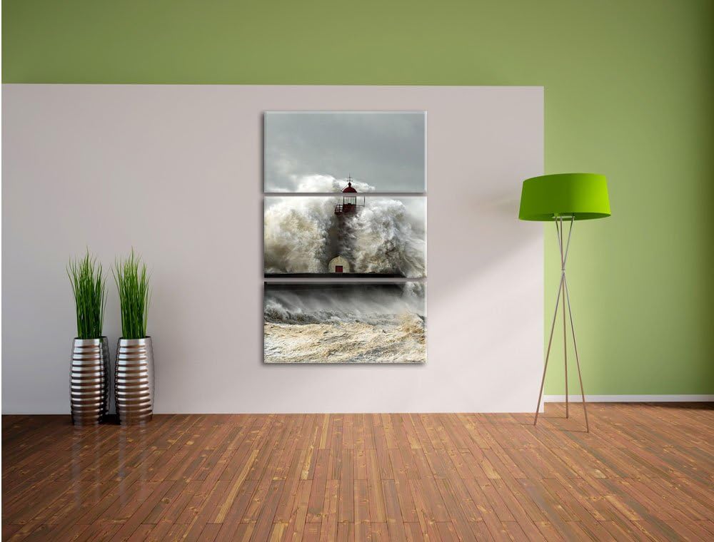 Pixxprint Leuchtturm im Sturm als Leinwandbild - Grösse: 3-Teilig (120x80cm) - Wandbild - Kunstdruck