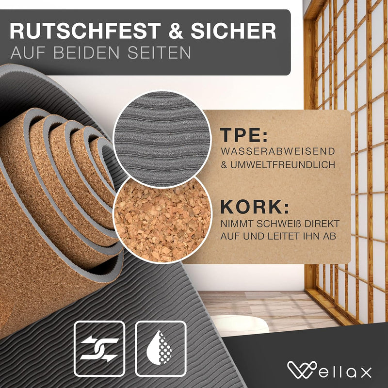 Wellax Yogamatte Kork - 100% natürliche Yogamatte rutschfest [183x66x0,6 cm] - Besonders dick & scha