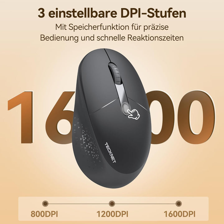TECKNET Bluetooth Kabellose Maus Silent Tri-Mode 2.4G Wiederaufladbar | 3 einstellbare DPI, ergonomi