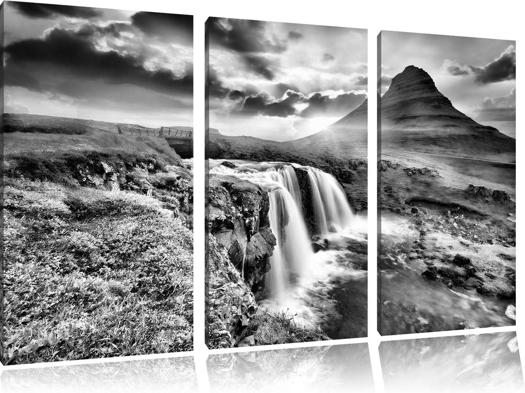 Pixxprint Wasserfall bei Sonnenuntergang als Leinwandbild/Grösse: 3 Teilig (120x80) cm/Wandbild/Kuns
