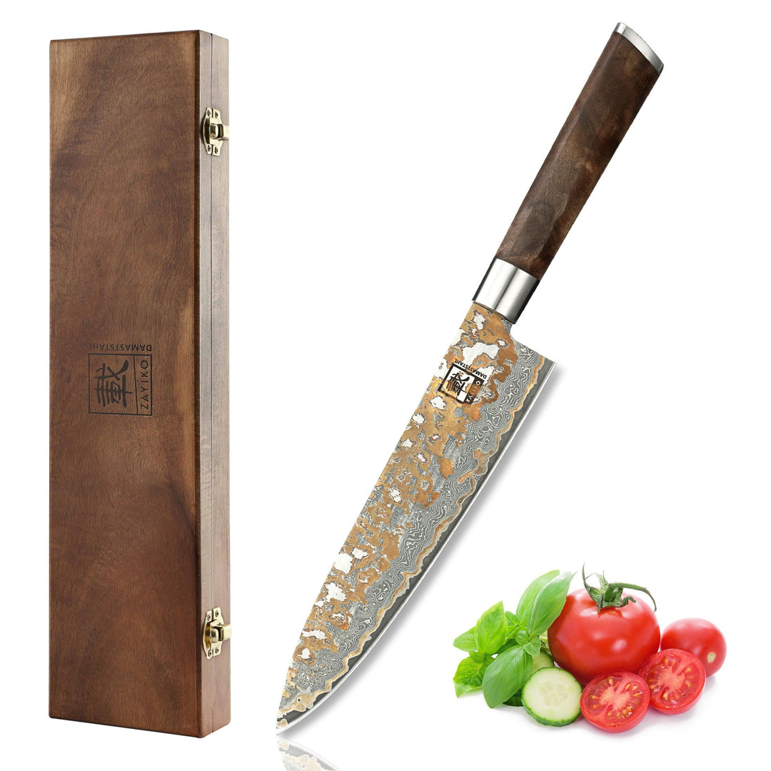 zayiko MysticMagma Chefmesser Damast 20 cm, 67 Lagen Damaststahl mit VG10 Kern, Kupfer und Bronze Ei