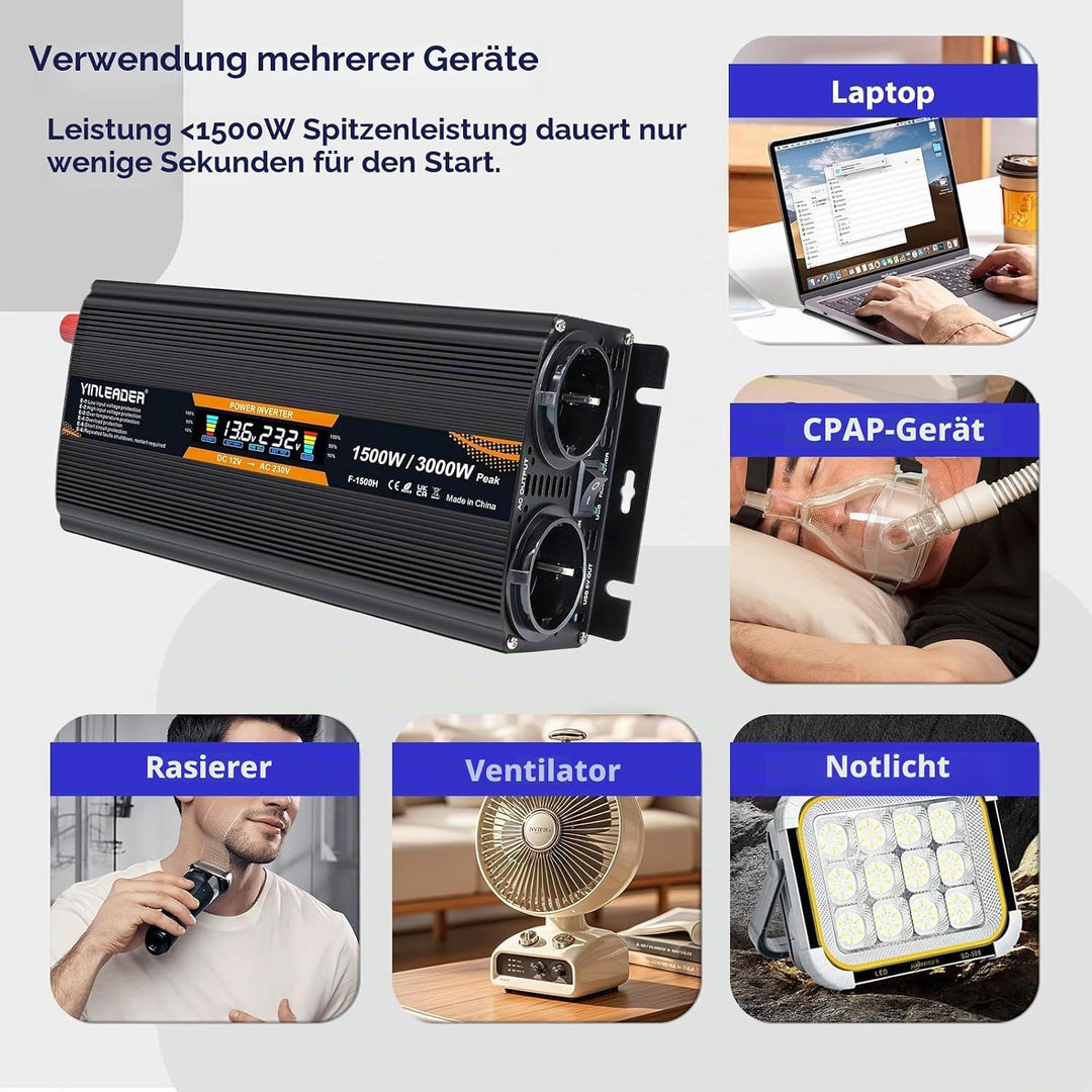 Spannungswandler 12V 230V 1500W 3000 Watt Wechselrichter LCD | stromumwandler mit 2 Steckdose