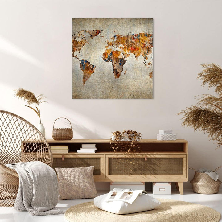 Bilder auf Leinwand 70x70cm Leinwandbild Welt Karte Kontinente Geographie Gross Wanddeko Bild Schlaf