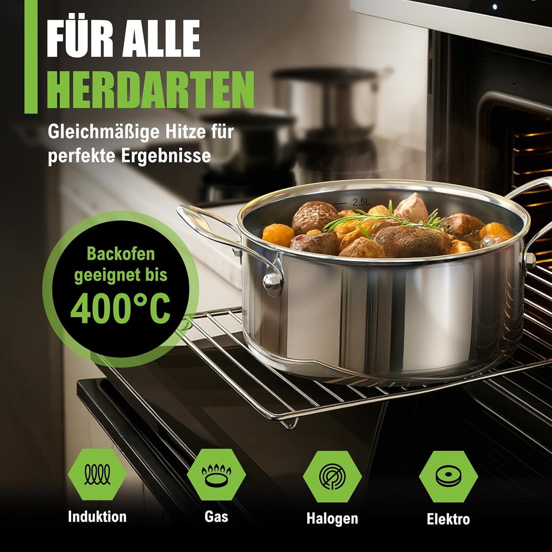MORLEOS Suppentopf mit modernem, flachem Glasdeckel, 3 Liter Edelstahltopf Ø 20x10 cm - Induktion sp