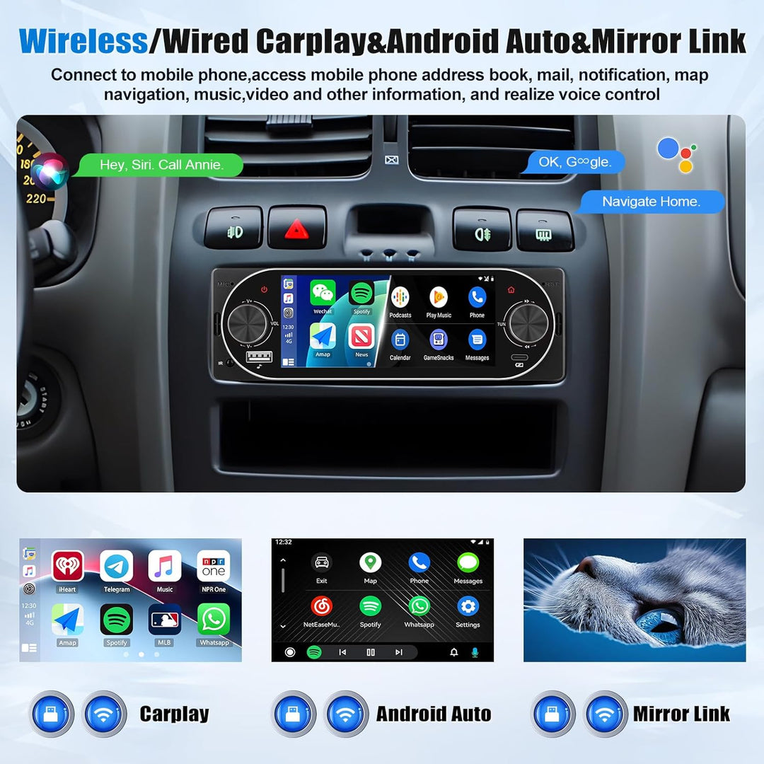 SIXWIN 1 Din Autoradio mit CarPlay Android Auto,5.1 Zoll HD IPS Touchscreen Bildschirm Bluetooth 5.2