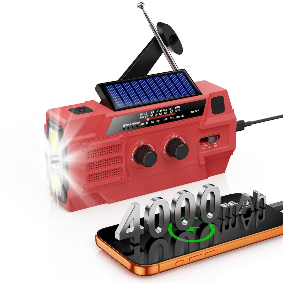 Kurbelradio 4000mAh Notfallradio mit Solar, Bewegungsempfindlicher Radio mit kurbel AM/FM/SW,LED-Tas