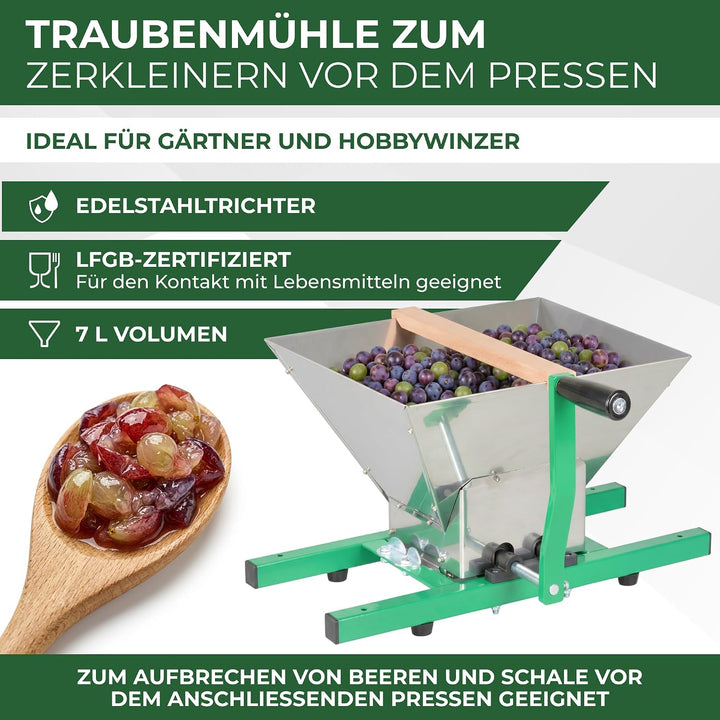 STREND PRO Traubenmühle 7 L Edelstahl ohne Ständer | Maischemühle Beerenmühle mit Handkurbel | Traub