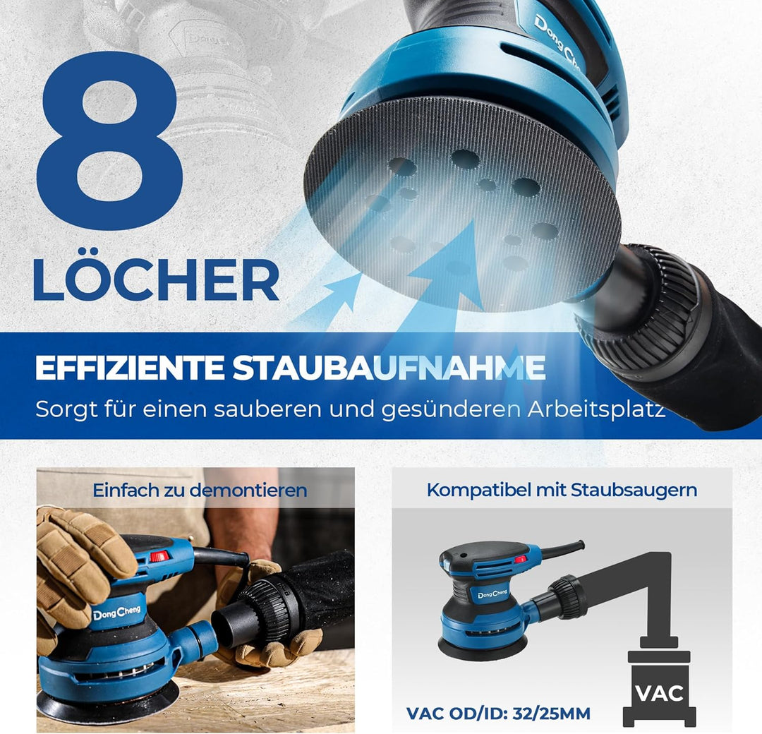 DongCheng Exzenterschleifer 380W, 125mm Schleifmaschine, 6 Geschwindigkeiten 8,000-12,800 U/min mit