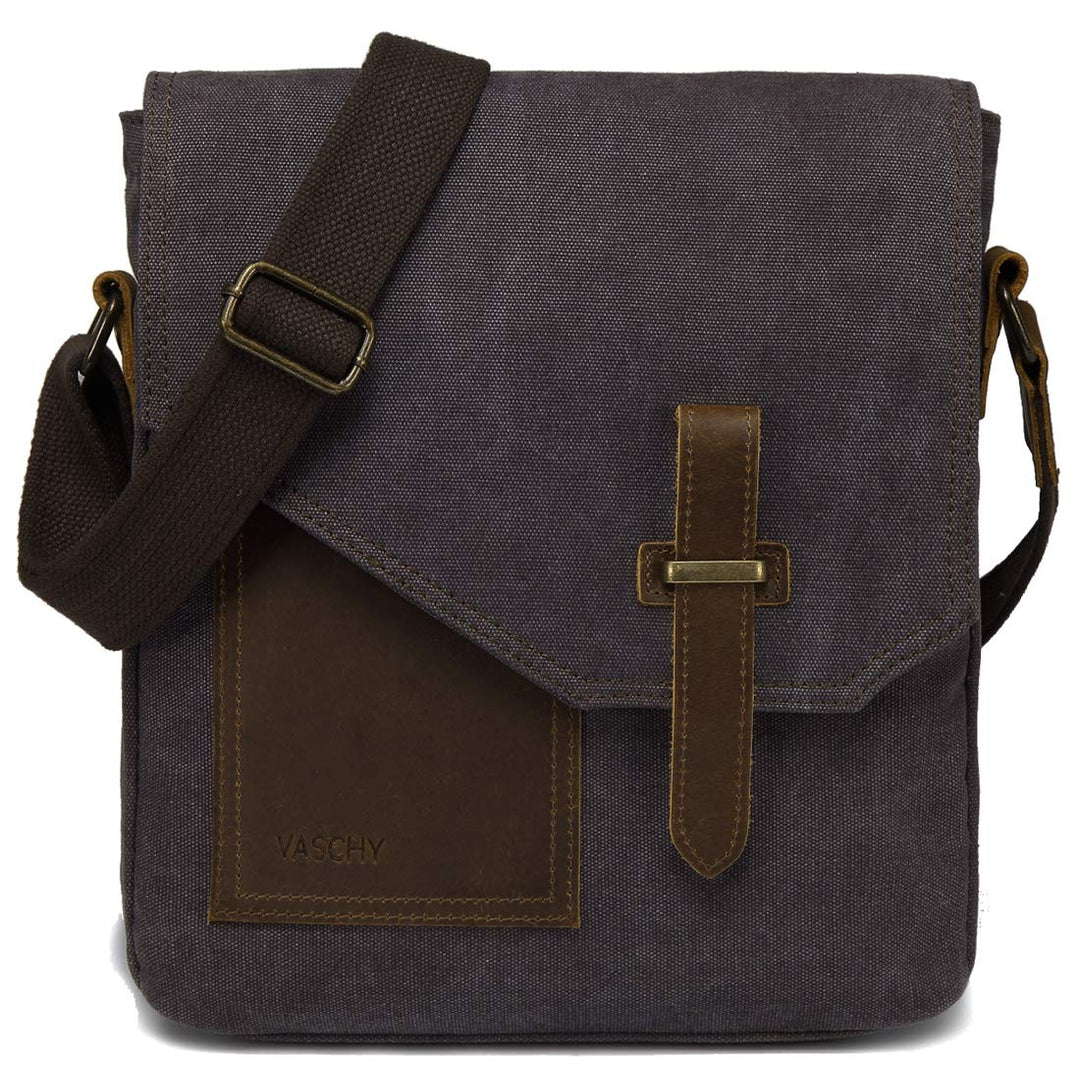 VASCHY Klein Umhängetasche Herren, Vintage Leinwand Herrentasche Echtes Leder Schultertasche Klassis
