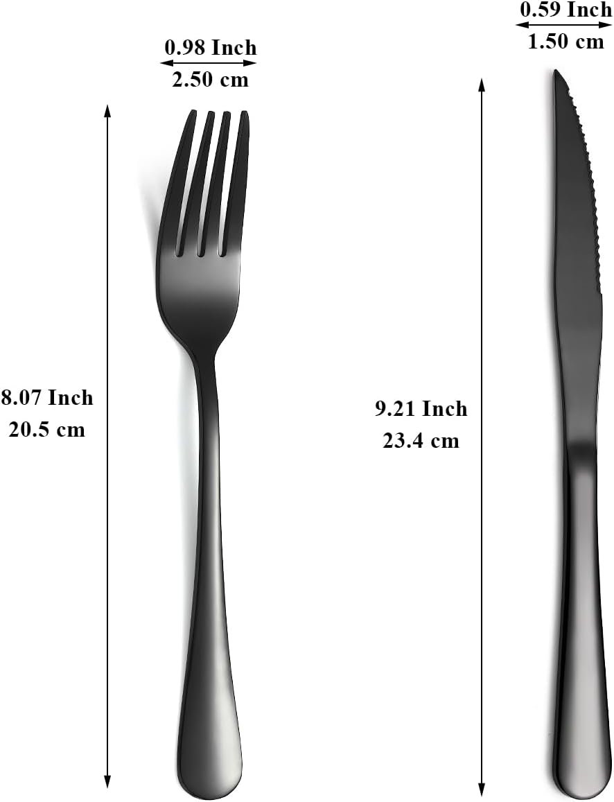 Evanda Schwarzes Steakbesteck 12 teilig, Schwarzes Titanbeschichtung Edelstahl 6 Tafelgabeln und 6 T